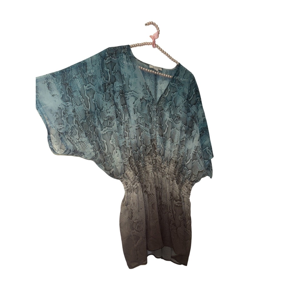 Monograph Blue Grey Snakeskin Ombre Smocked Waist Dolman Sleeve Tunic Blouse S
